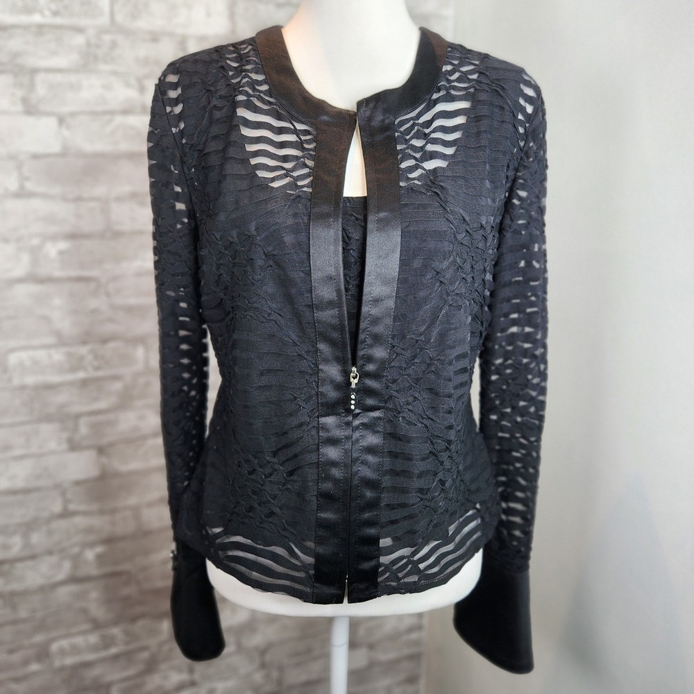 JS Collections Black Sheer Mesh Jacket Tank Set Satin Trim Avant Garde Glam 14